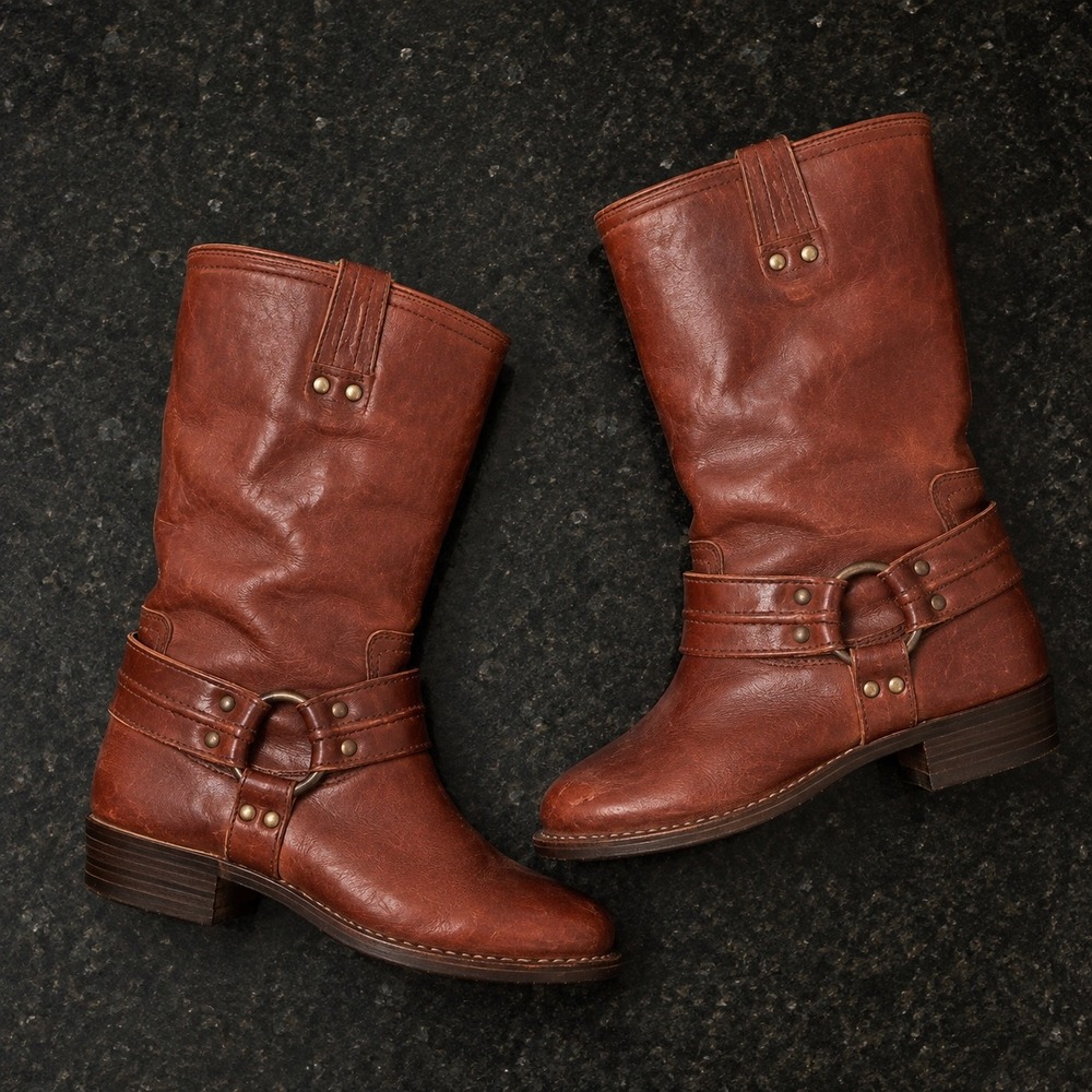 Frye Harness 8R Boots Brown Leather Mid Calf Moto Boots Size 8 77455